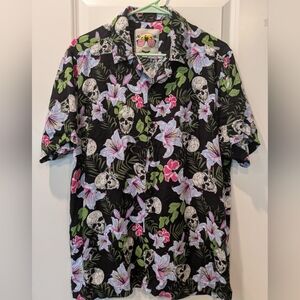 Drill Clothing Co Skull Floral Hawaiian Shirt Goth Tropical Button Up XL